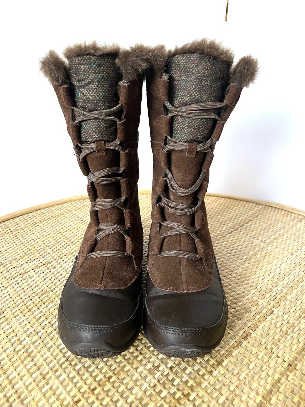 The North Face Nuptse Purna winter boots brown suede multi tweed faux fur 8.5